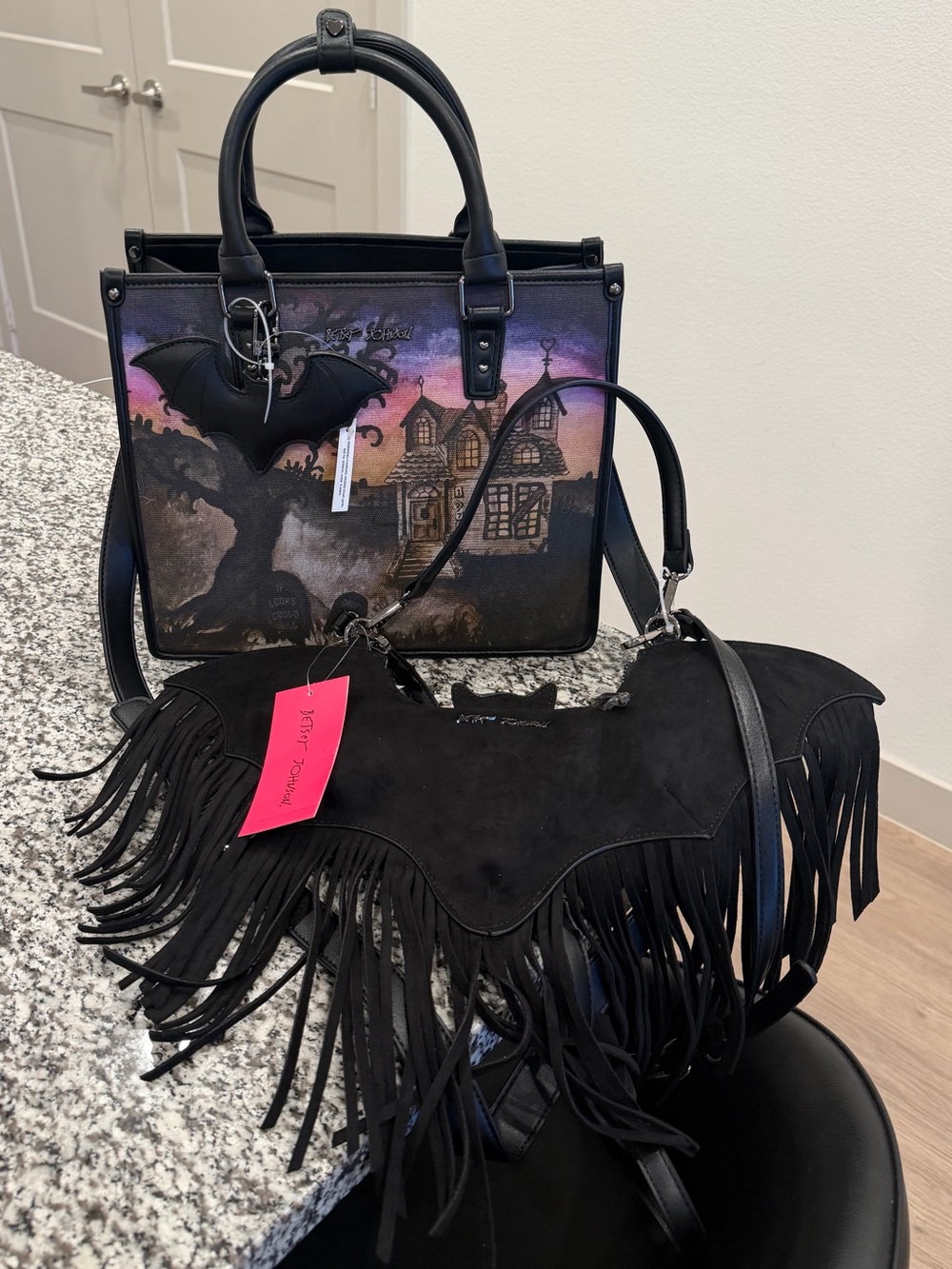 Viral Betsey Johnson Halloween Haunted House and Bat Fringe Purse spooky bats